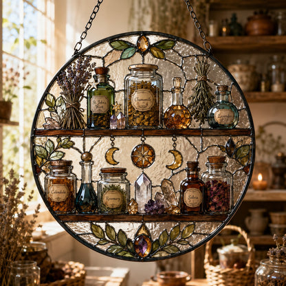 Witch Apothecary Shelf Glass Suncatcher - window display