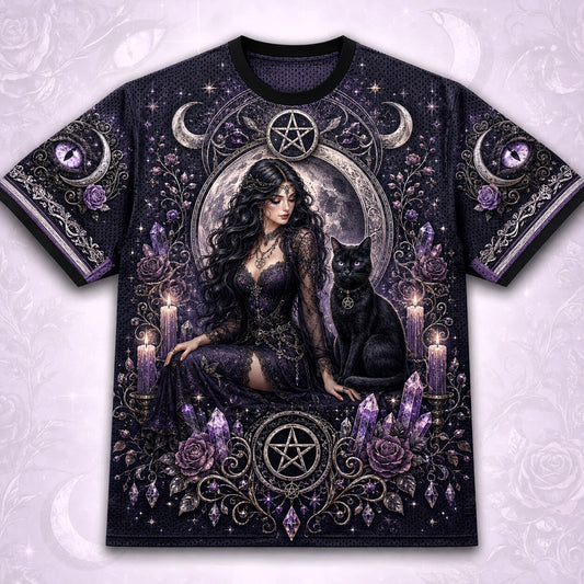 Black Cat Pentacle Witch T-Shirt Crescent Amethyst Lilac Tee front view
