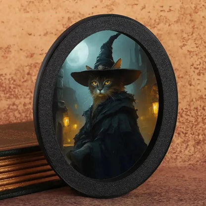Witch Black Cat & Pumpkin Wooden Oval Frame - Spooky Oval Wall Art for Halloween Home Decor-MoonChildWorld