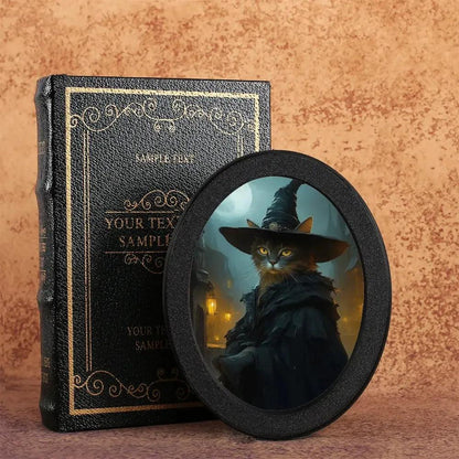 Witch Black Cat & Pumpkin Wooden Oval Frame - Spooky Oval Wall Art for Halloween Home Decor-MoonChildWorld