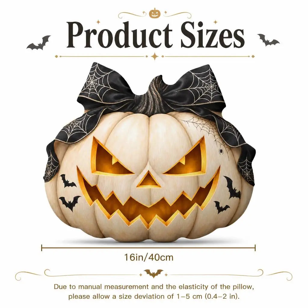 Size guide showing 16 inch / 40 cm: decorative plush pillow featuring jack-o-lantern with witch-inspired bow artwork