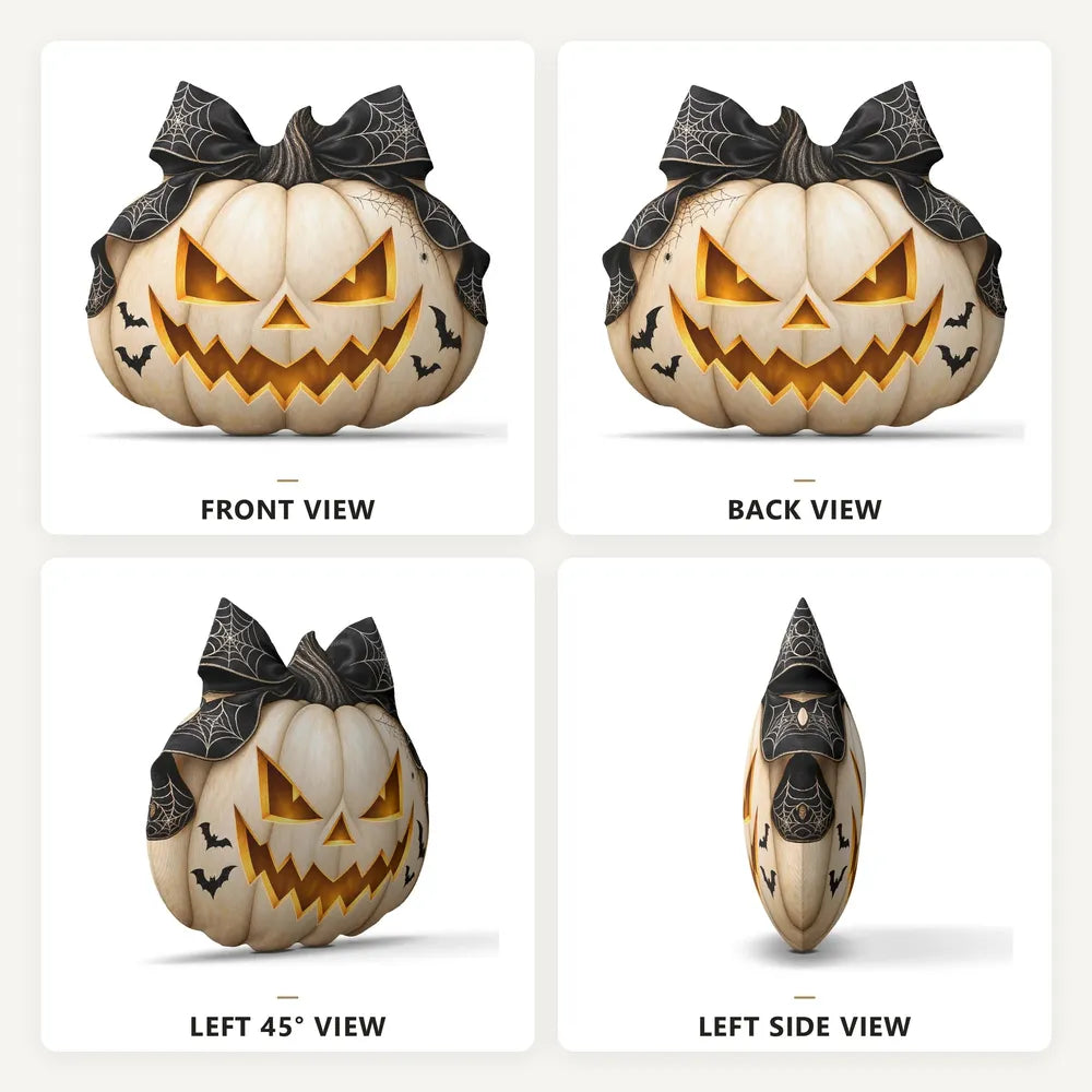 Front, back and side views: decorative plush pillow featuring jack-o-lantern with witch-inspired bow artwork