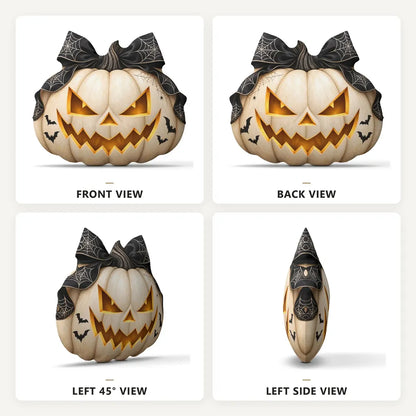 Front, back and side views: decorative plush pillow featuring jack-o-lantern with witch-inspired bow artwork