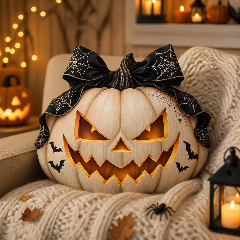 Styled room view: decorative plush pillow featuring jack-o-lantern with witch-inspired bow artwork