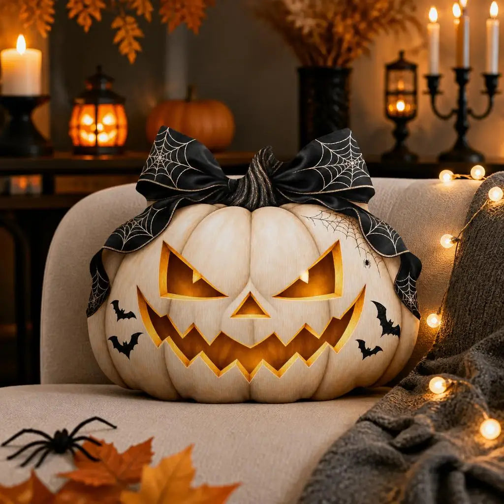 Alternate styled room view: decorative plush pillow featuring jack-o-lantern with witch-inspired bow artwork
