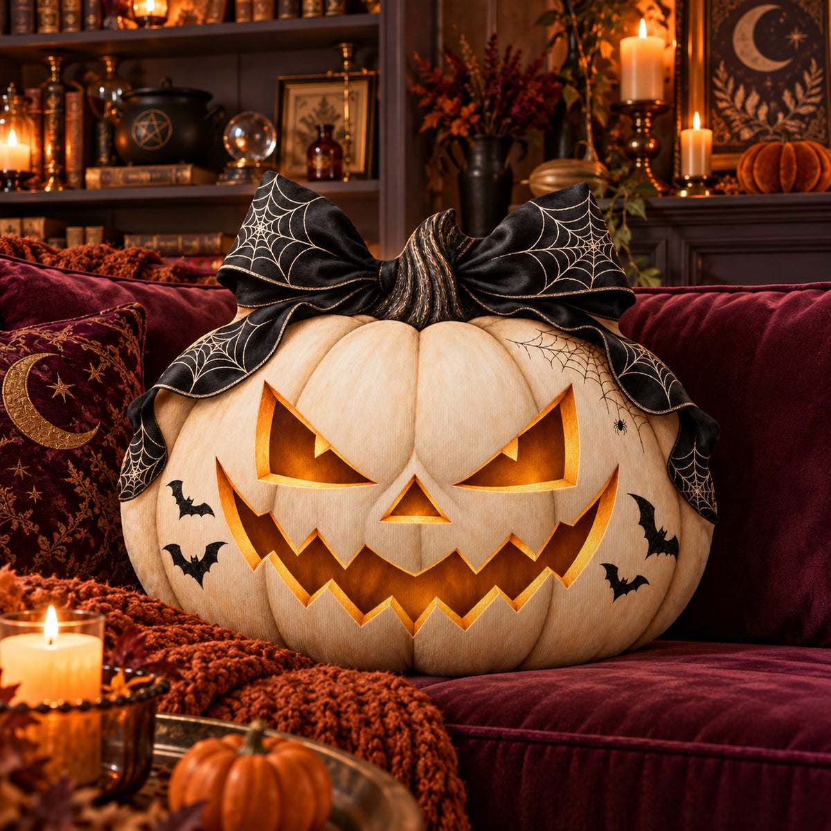 Witch Bow Jack O Lantern Plush Pillow in a witchy room