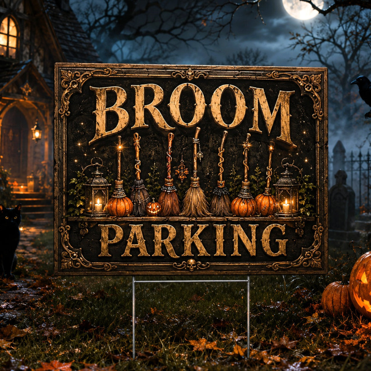 Witch Broom Parking Spooky Halloween Yard Sign - front view