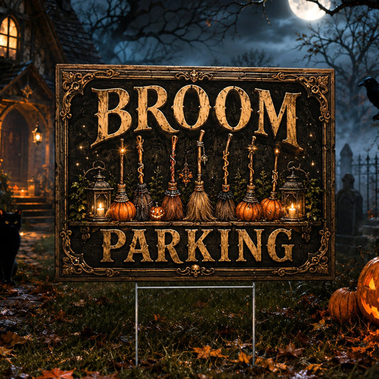 Witch Broom Parking Spooky Halloween Yard Sign - front view