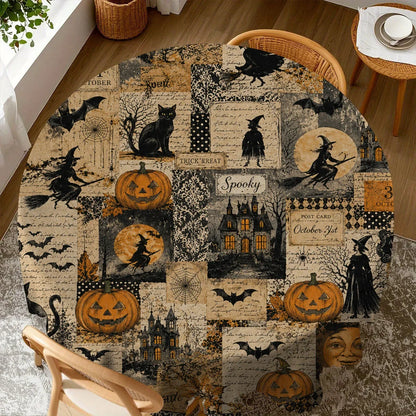 Witch castle Halloween tablecloth with pumpkin cat and moon decor