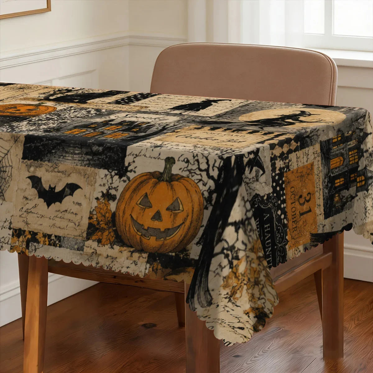 Witch castle Halloween tablecloth with pumpkin cat and moon decor