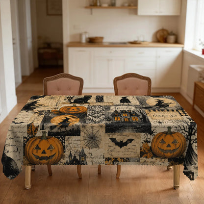 Witch castle Halloween tablecloth with pumpkin cat and moon decor