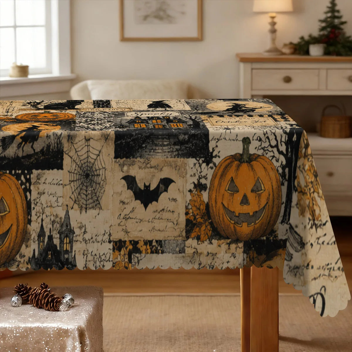 Witch castle Halloween tablecloth with pumpkin cat and moon decor