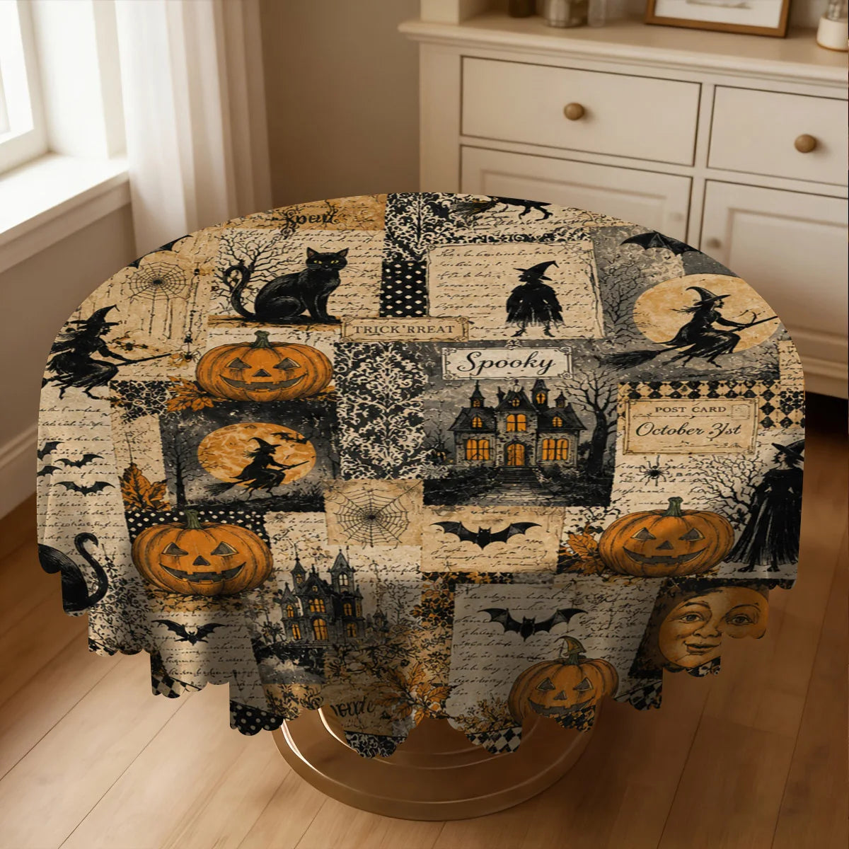 Witch castle Halloween tablecloth with pumpkin cat and moon decor