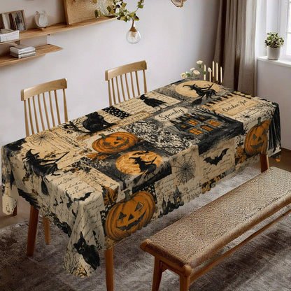 Witch castle Halloween tablecloth with pumpkin cat and moon decor