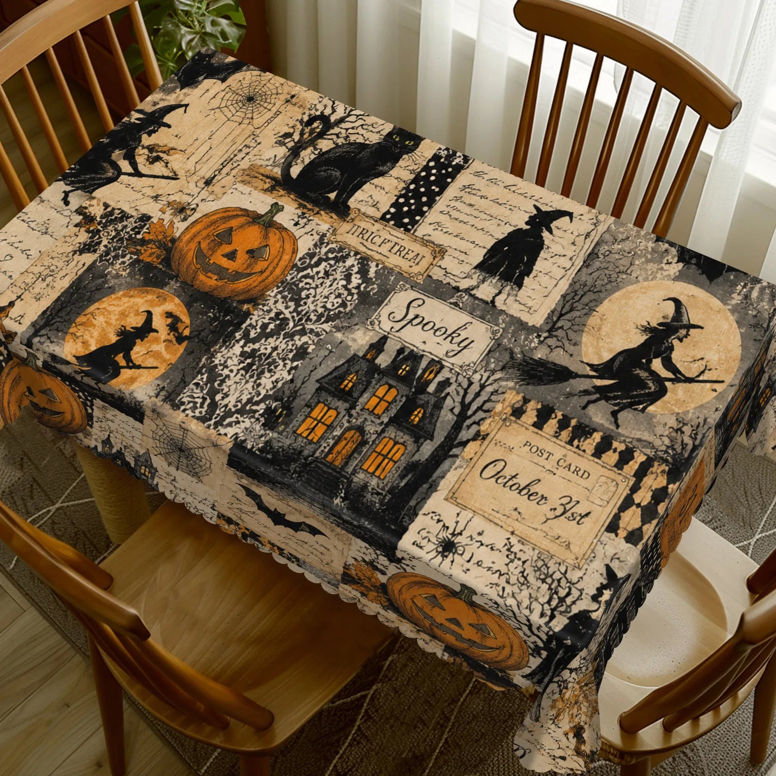 Witch castle Halloween tablecloth with pumpkin cat and moon decor