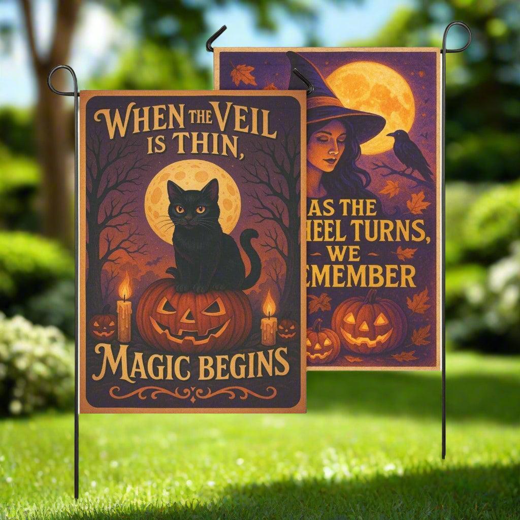 Witch Cat Halloween Garden Flag and House Flag for Pagan Samhain Home Decor-MoonChildWorld