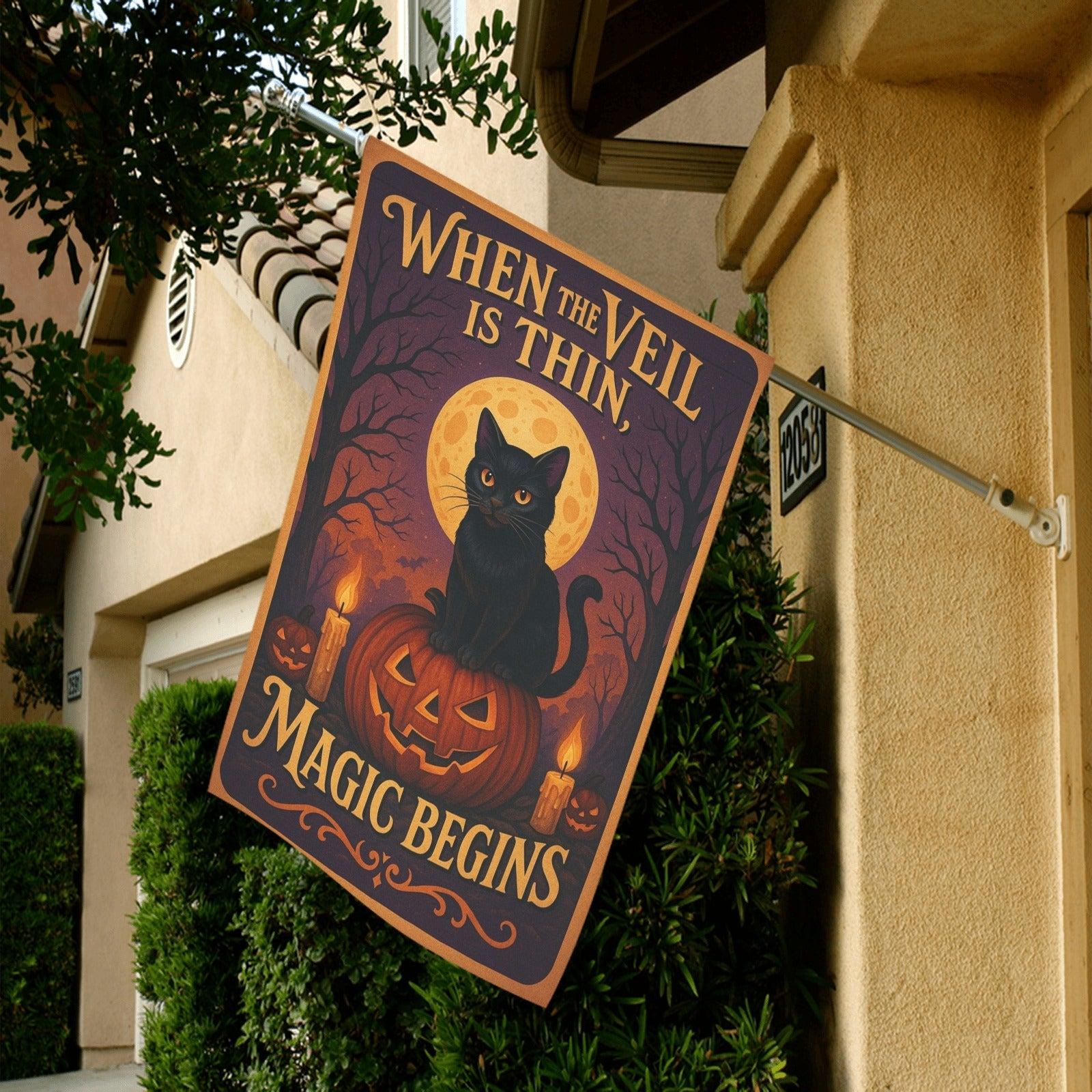 Witch Cat Halloween Garden Flag and House Flag for Pagan Samhain Home Decor-MoonChildWorld