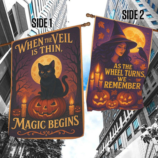 Witch Cat Halloween Garden Flag and House Flag for Pagan Samhain Home Decor