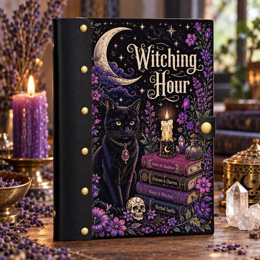 Witch Cat Spellbook Candle Journal - Moon Grimoire Binder on a candlelit pagan ritual altar
