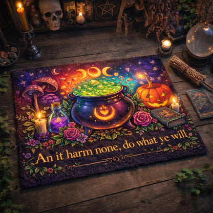 Witchy doormat with a bubbling cauldron, crescent moon, pumpkin, mushrooms, and "An it harm none, do what ye will" text.