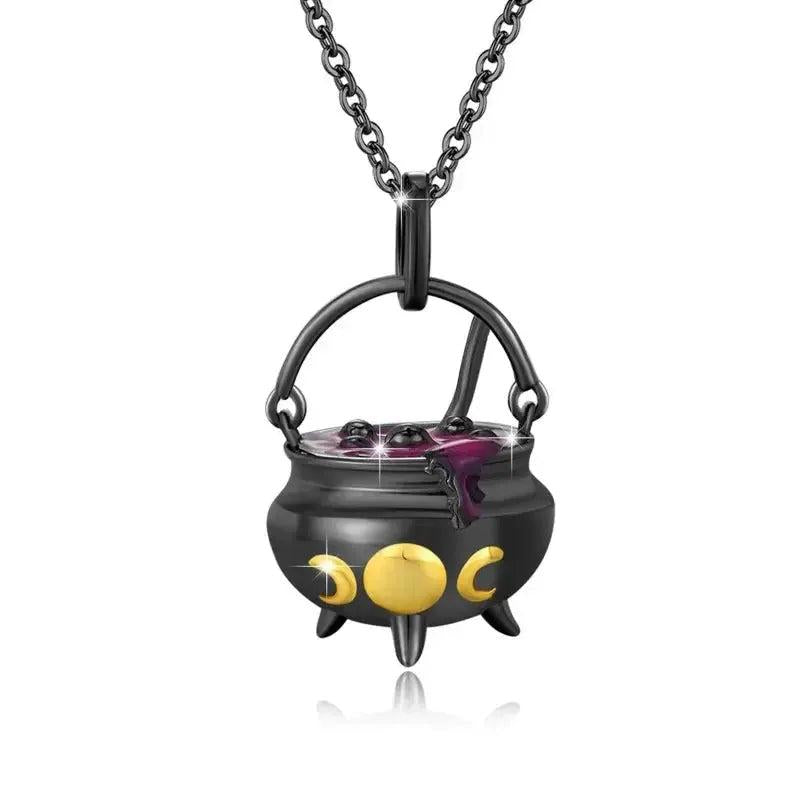 Witch Cauldron Pendant Black Gold Color Enamel Potion Necklace Gothic Halloween Jewelry-MoonChildWorld
