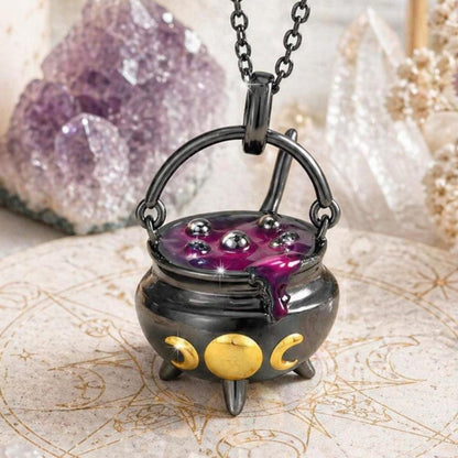 Witch Cauldron Pendant Black Gold Color Enamel Potion Necklace Gothic Halloween Jewelry-MoonChildWorld