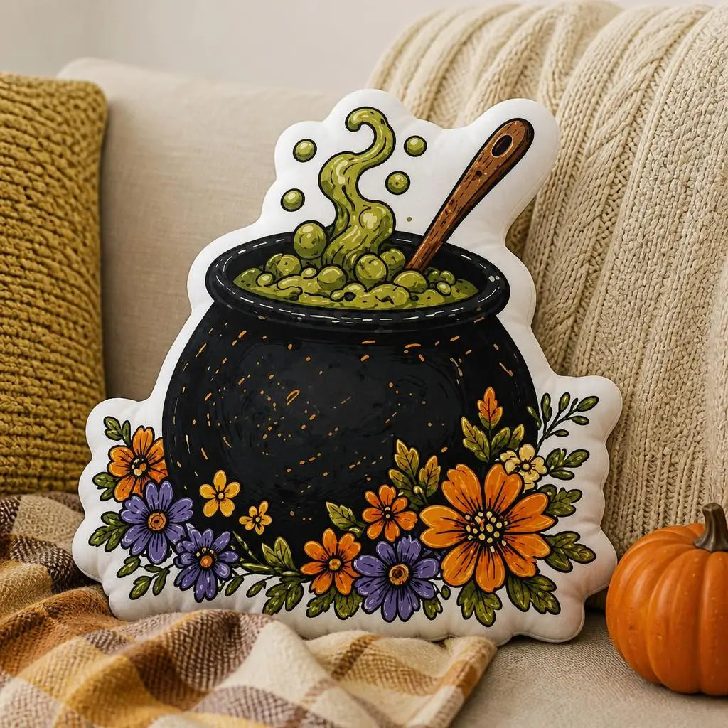 Styled on a sofa: decorative plush pillow featuring cauldron and potion artwork