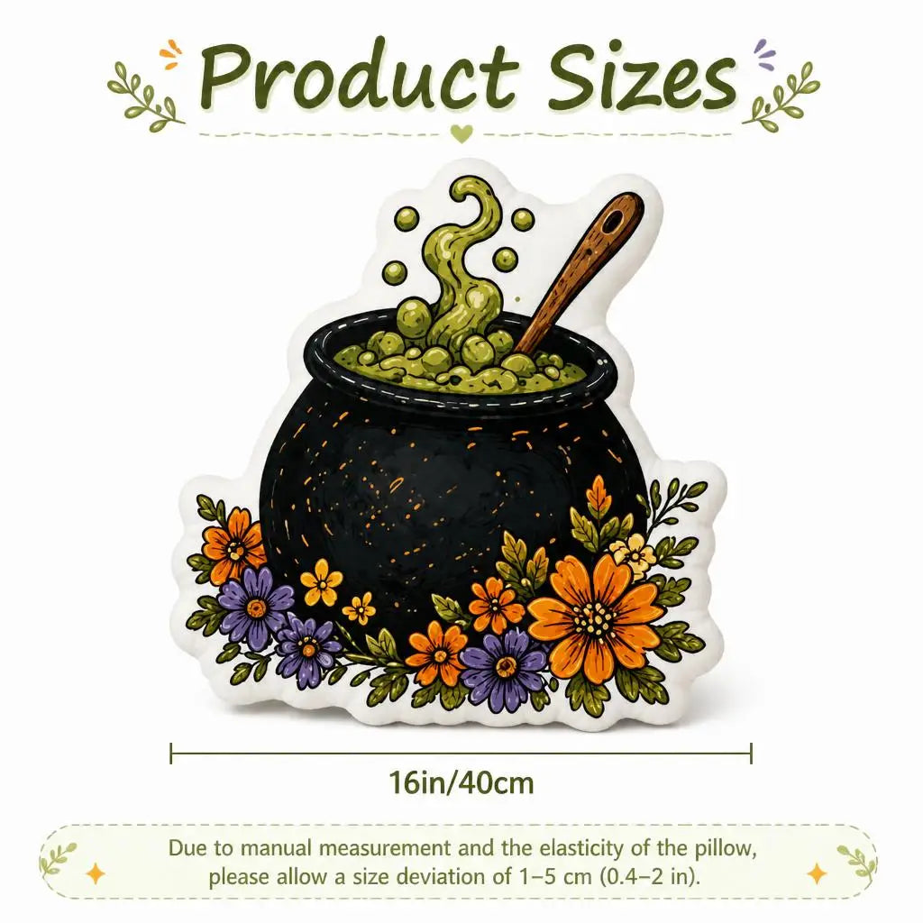 Size guide showing 16 inch / 40 cm: decorative plush pillow featuring cauldron and potion artwork