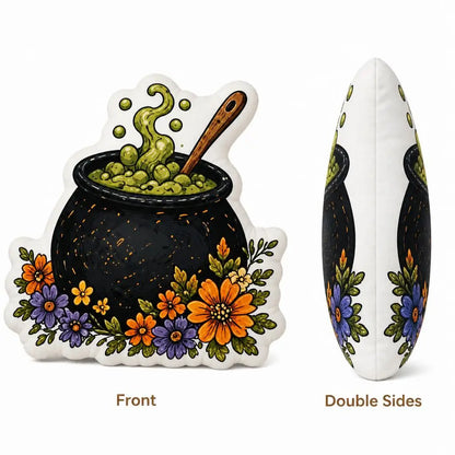 Front and side profile: decorative plush pillow featuring cauldron and potion artwork