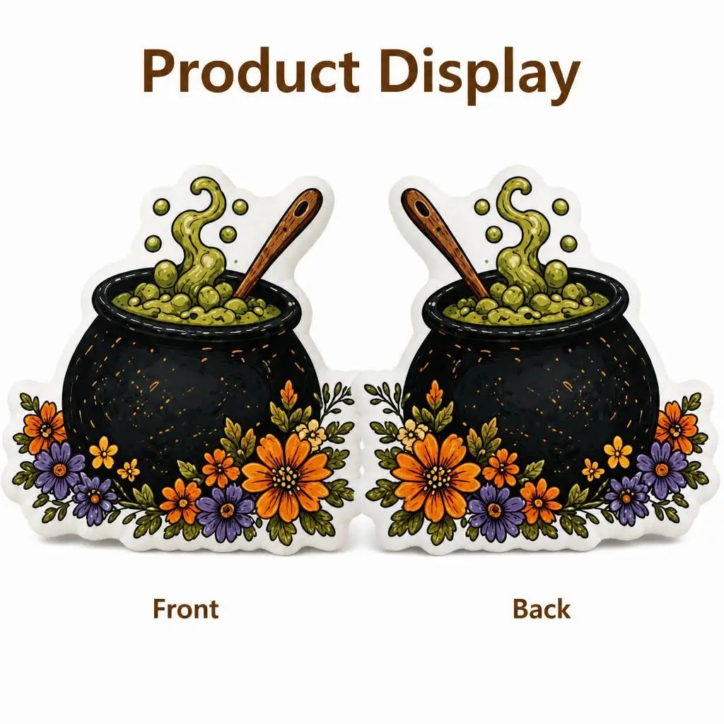 Front and back views: decorative plush pillow featuring cauldron and potion artwork