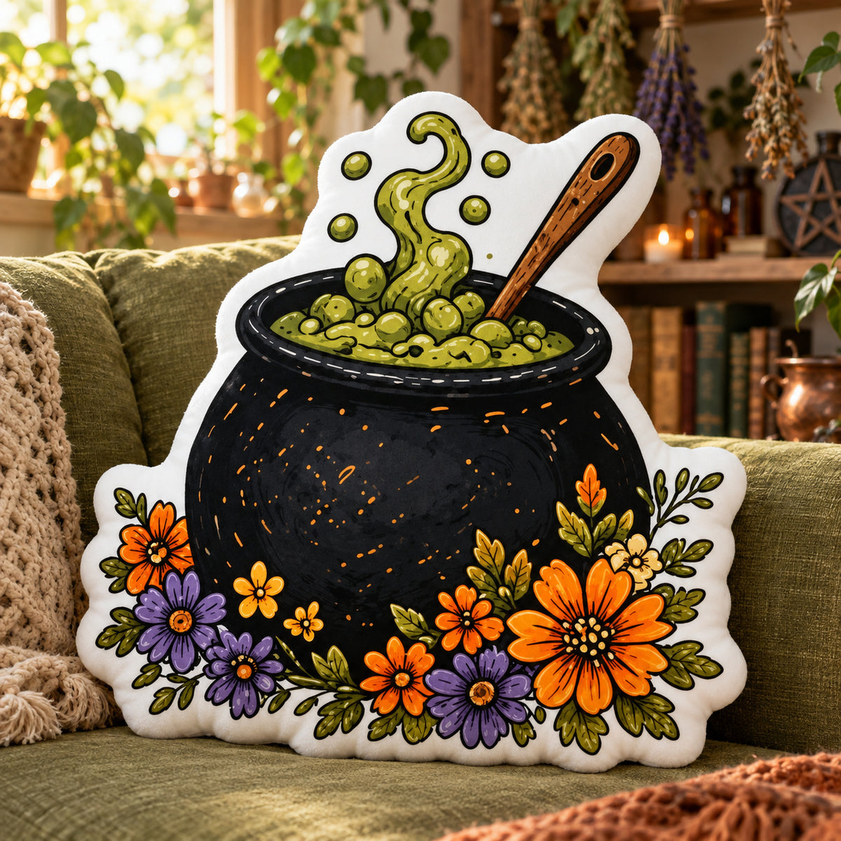 Witch Cauldron Plush Pillow in a sunlit witchy room