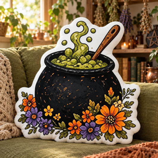 Witch Cauldron Plush Pillow in a sunlit witchy room
