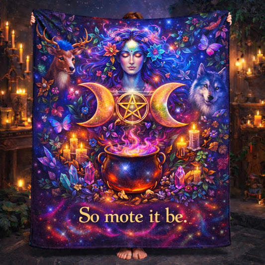 Vibrant purple Witch Cauldron Triple Moon fleece blanket with goddess, deer, wolf, and "So mote it be." text.