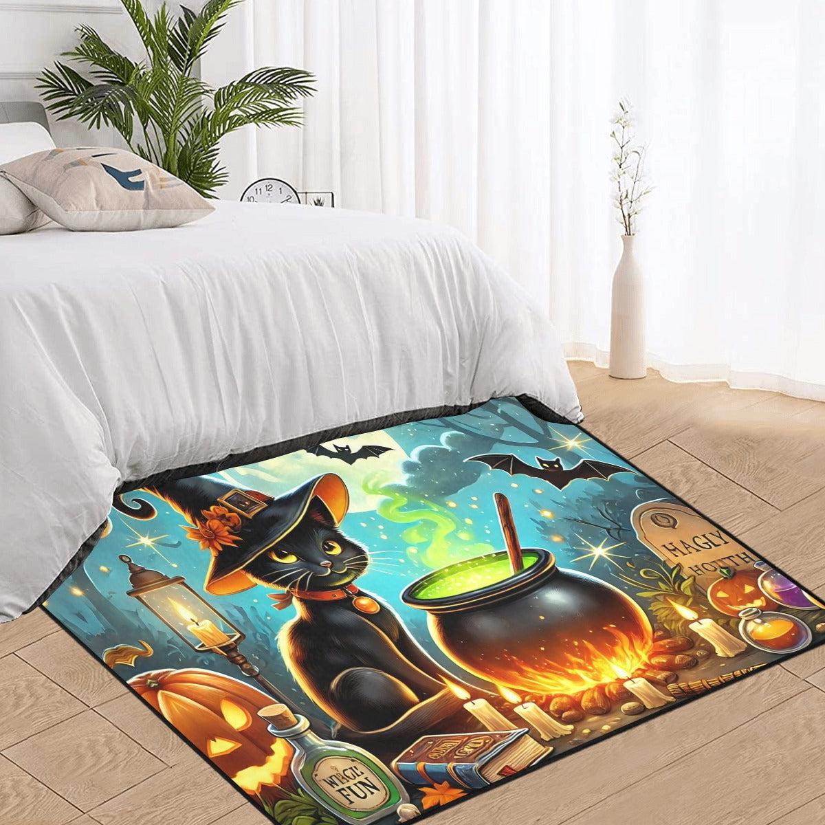 Witch Cauldron and Black Cat Area Rug Witchy Cat Carpet for Halloween-MoonChildWorld