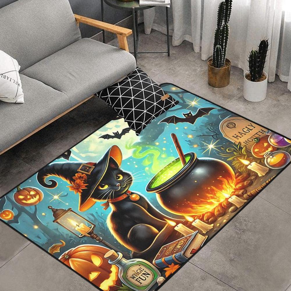 Witch Cauldron and Black Cat Area Rug Witchy Cat Carpet for Halloween-MoonChildWorld