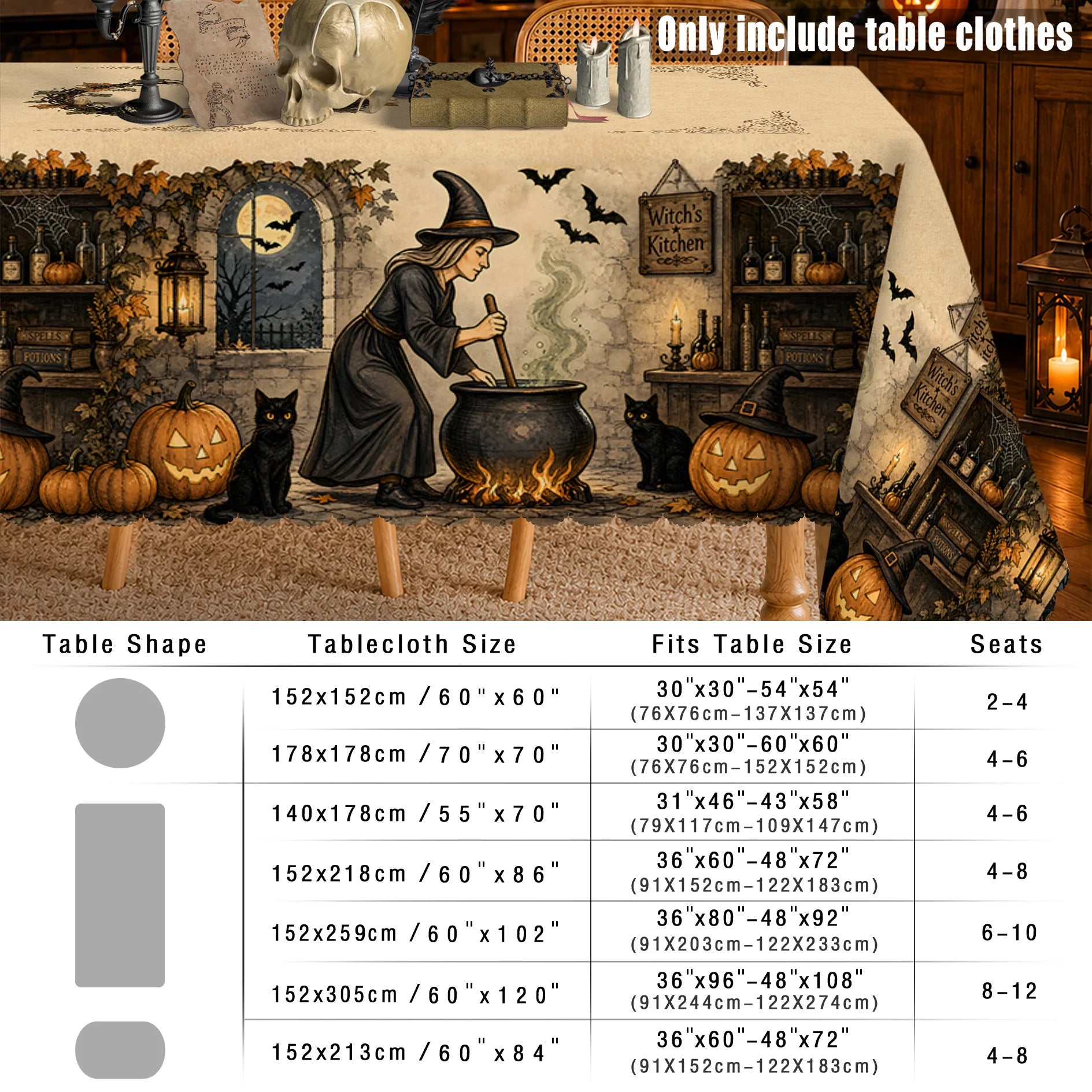Witch Cauldron and Black Cat Halloween Tablecloth Table Cover-MoonChildWorld