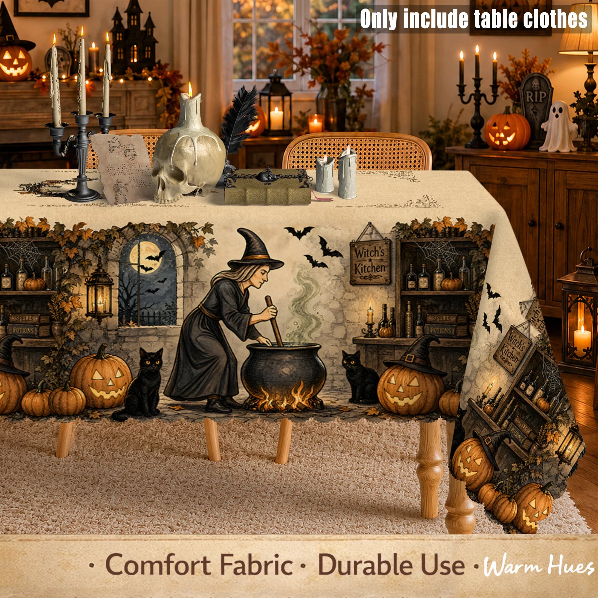 Witch Cauldron and Black Cat Halloween Tablecloth Table Cover-MoonChildWorld
