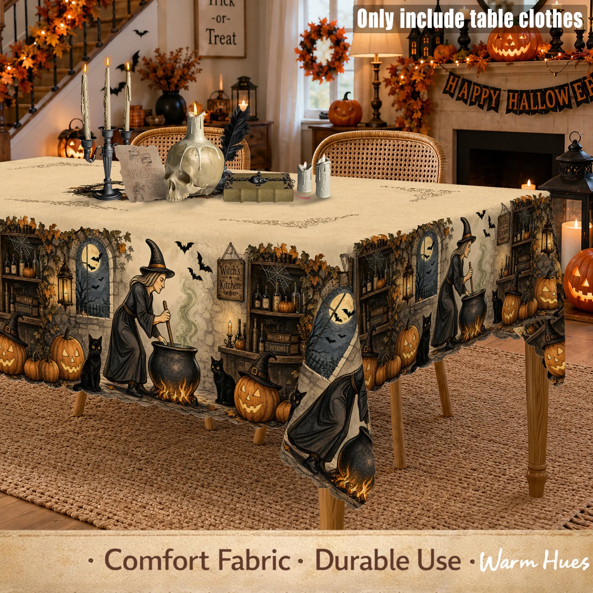 Witch Cauldron and Black Cat Halloween Tablecloth Table Cover-MoonChildWorld