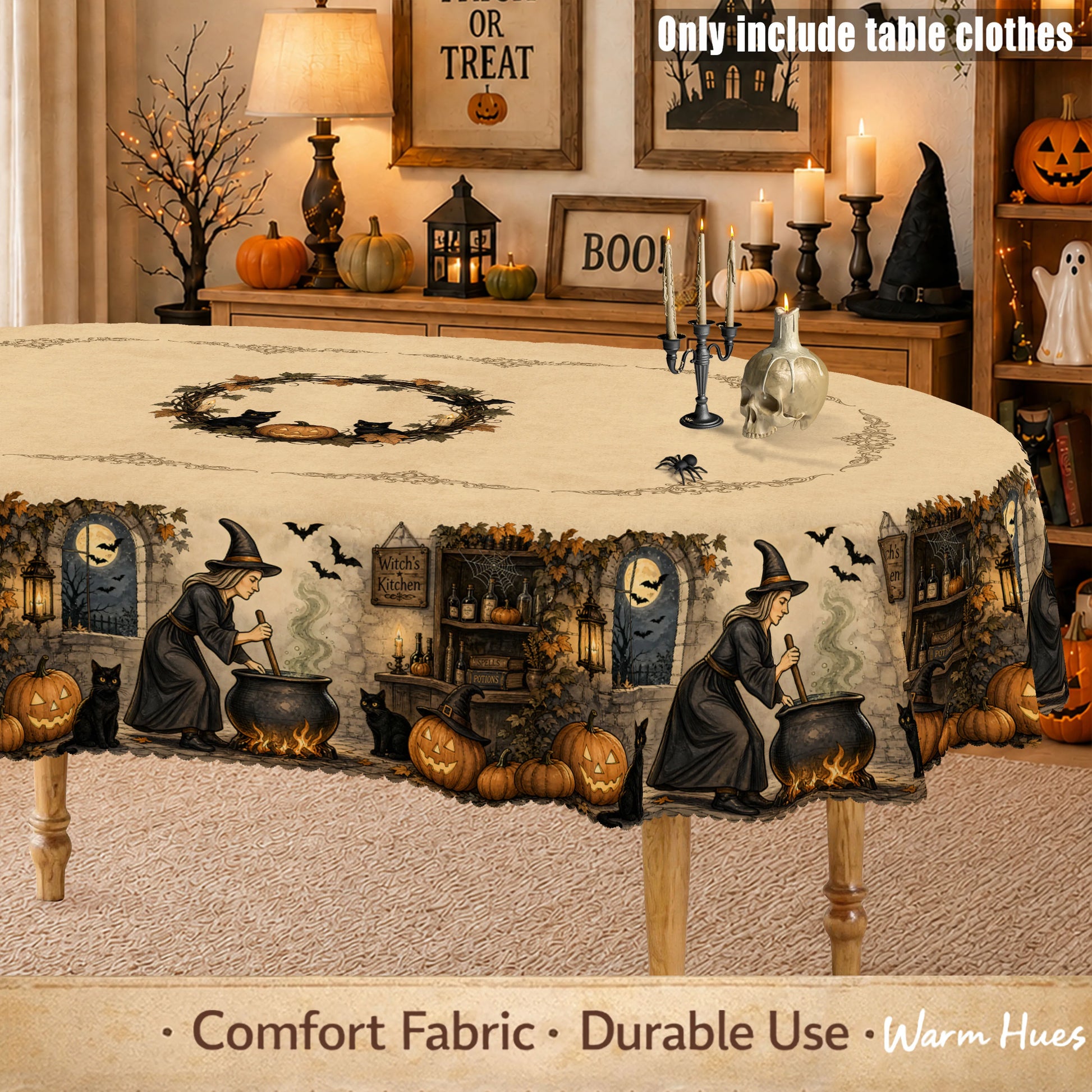 Witch Cauldron and Black Cat Halloween Tablecloth Table Cover-MoonChildWorld