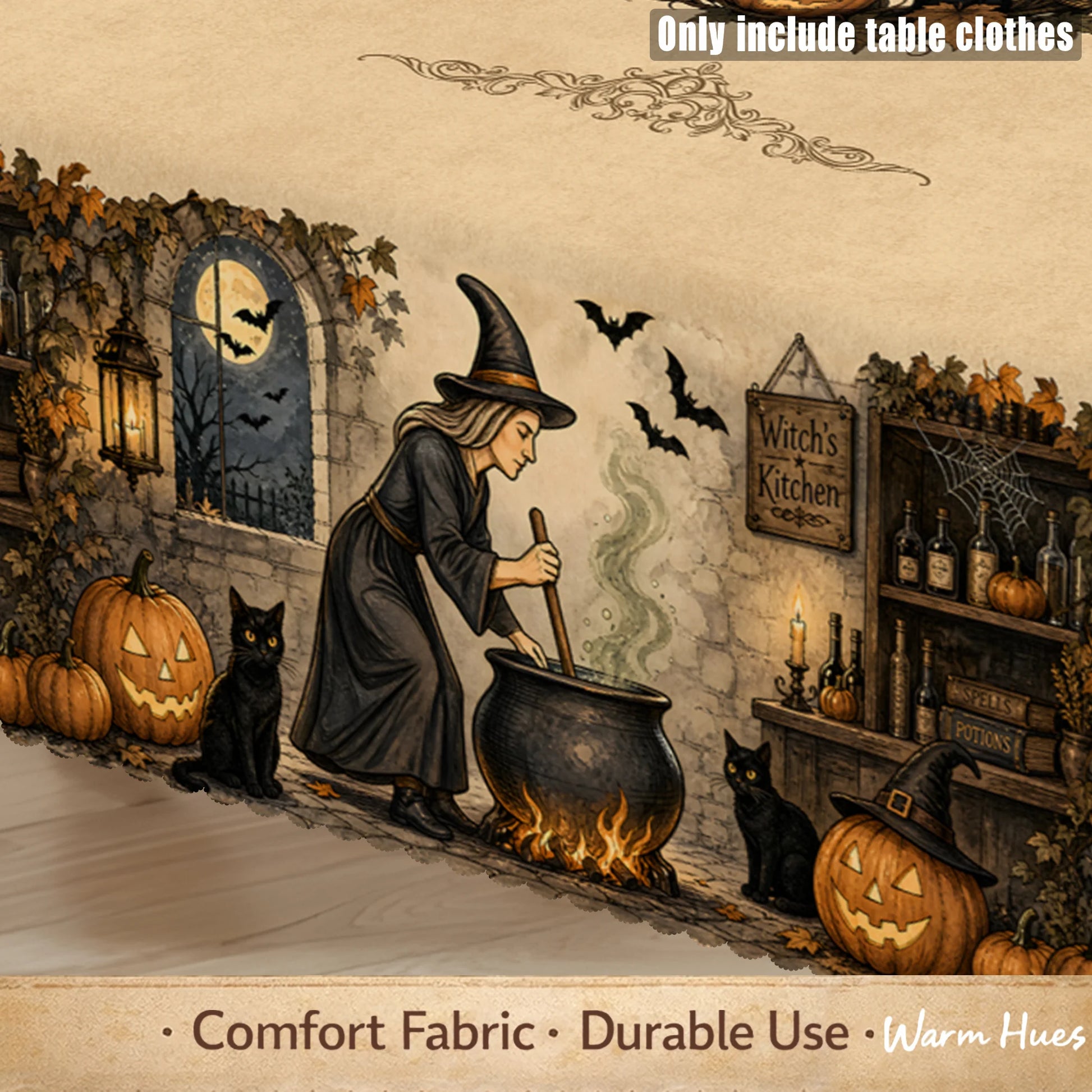 Witch Cauldron and Black Cat Halloween Tablecloth Table Cover-MoonChildWorld