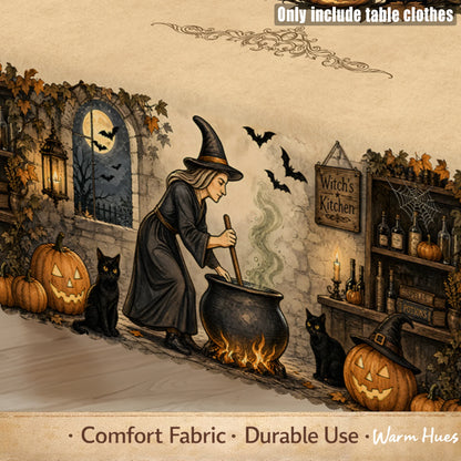 Witch Cauldron and Black Cat Halloween Tablecloth Table Cover-MoonChildWorld