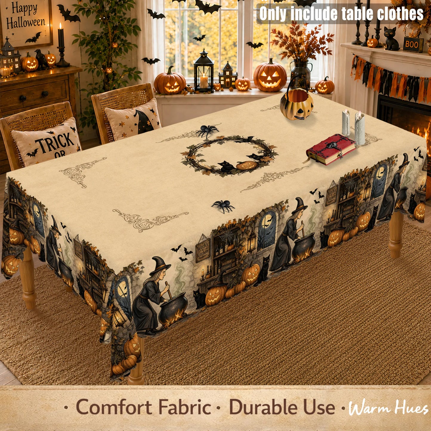Witch Cauldron and Black Cat Halloween Tablecloth Table Cover-MoonChildWorld