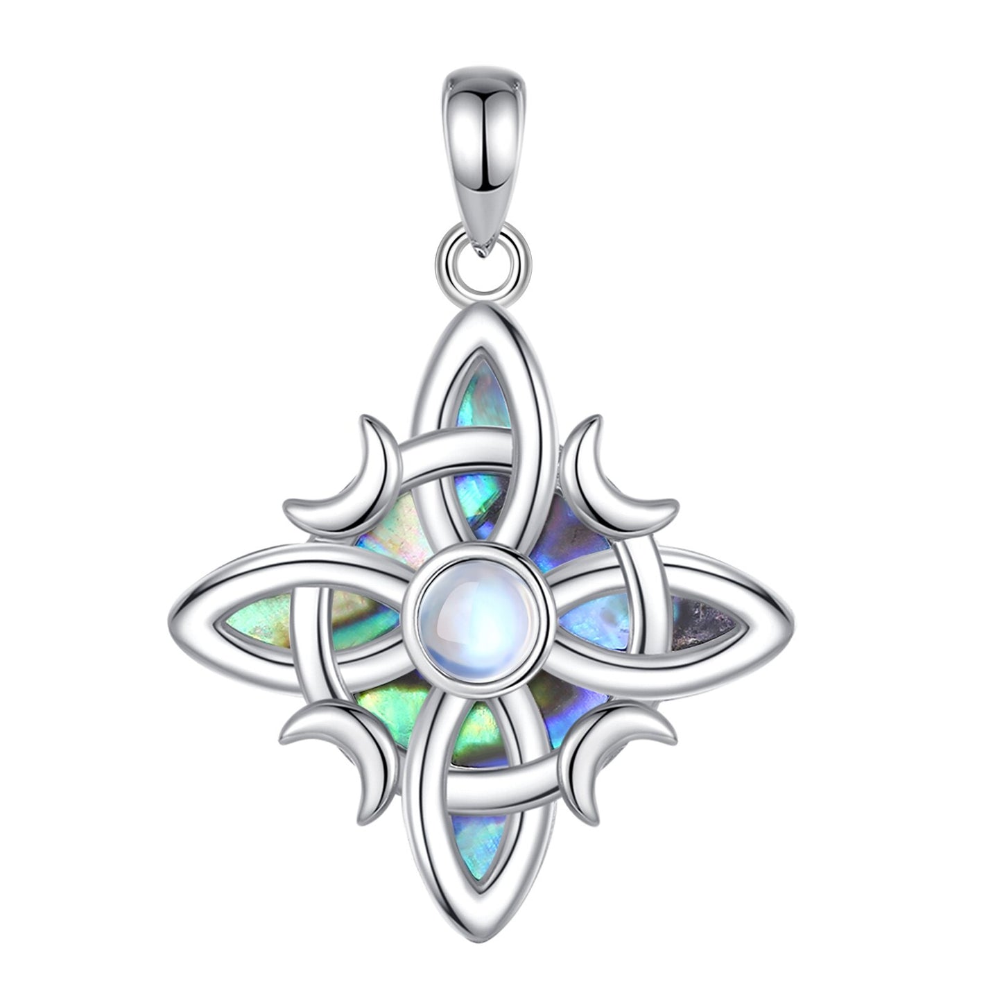Sterling silver Witch Celtic Knot pendant with iridescent abalone shell inlay and a central moonstone.