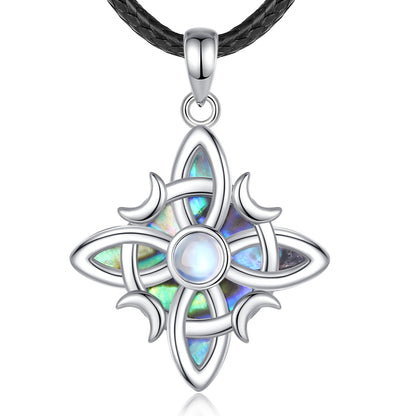 Sterling silver Witch Celtic Knot necklace with iridescent abalone shell inlay and a central moonstone, on a black cord.