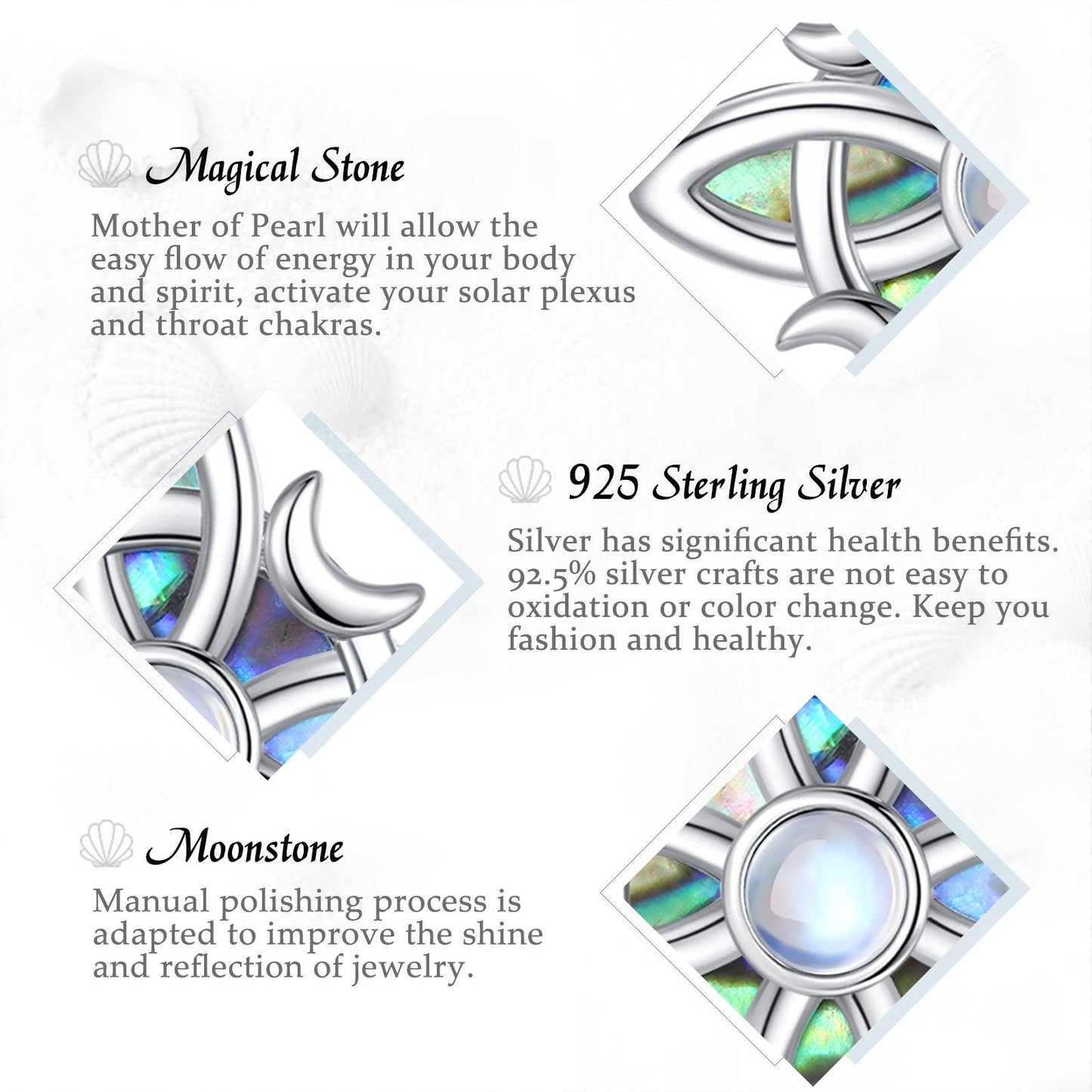 Sterling silver Witch Celtic Knot necklace with iridescent abalone inlay and moonstone, showcasing intricate craftsmanship.