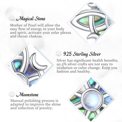 Sterling silver Witch Celtic Knot necklace with iridescent abalone inlay and moonstone, showcasing intricate craftsmanship.