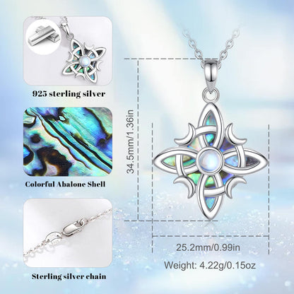 Sterling silver Witch Celtic Knot necklace with colorful abalone shell inlay, 34.5mm pendant, and 18-inch chain.