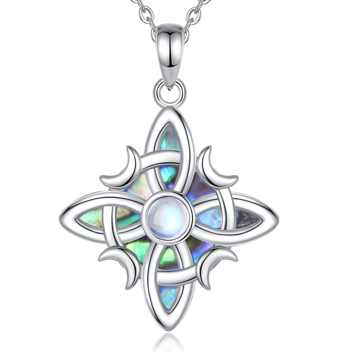 Sterling silver Witch Celtic Knot necklace with iridescent abalone shell inlay and a central moonstone, on a delicate chain.