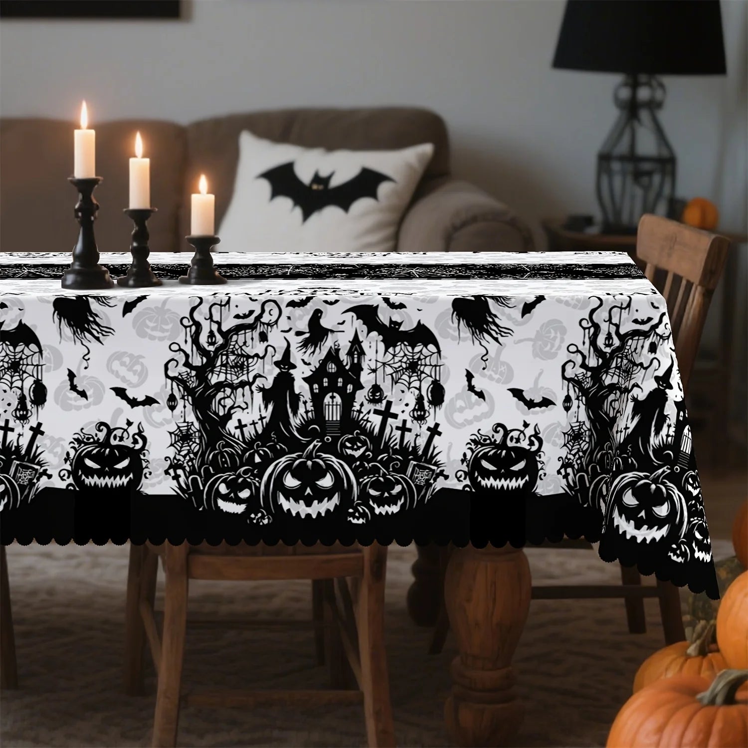 Witch cemetery Halloween tablecloth with pumpkin skeleton decor