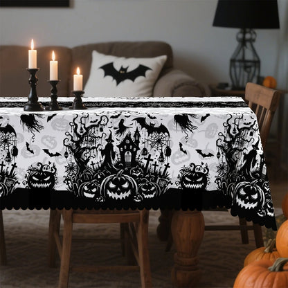 Witch cemetery Halloween tablecloth with pumpkin skeleton decor
